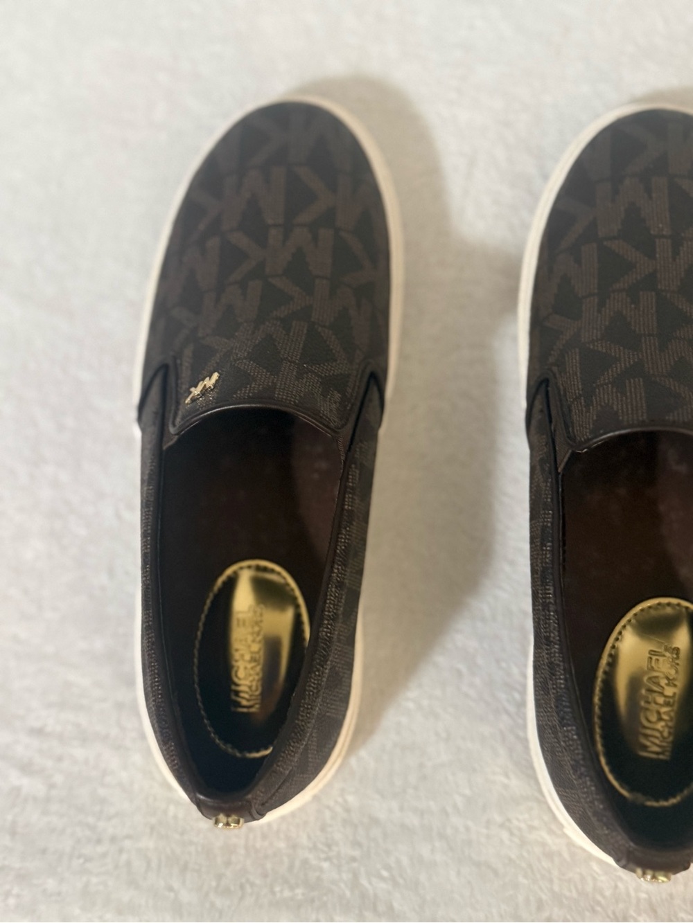 Women’s Michael Kors Brown Logo Slip-On Sneakers with Gold Accents Size 7